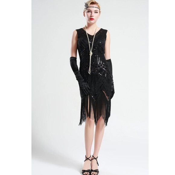 Jet Black glass beaded Fringe Flapper Dress - Picture 3 of 8